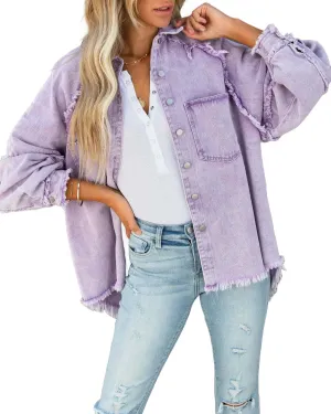 Women Long Sleeve Denim Jacket Oversized Lapel Button Up Shacket Casual Boyfriend Western Trucker Jean Jackets