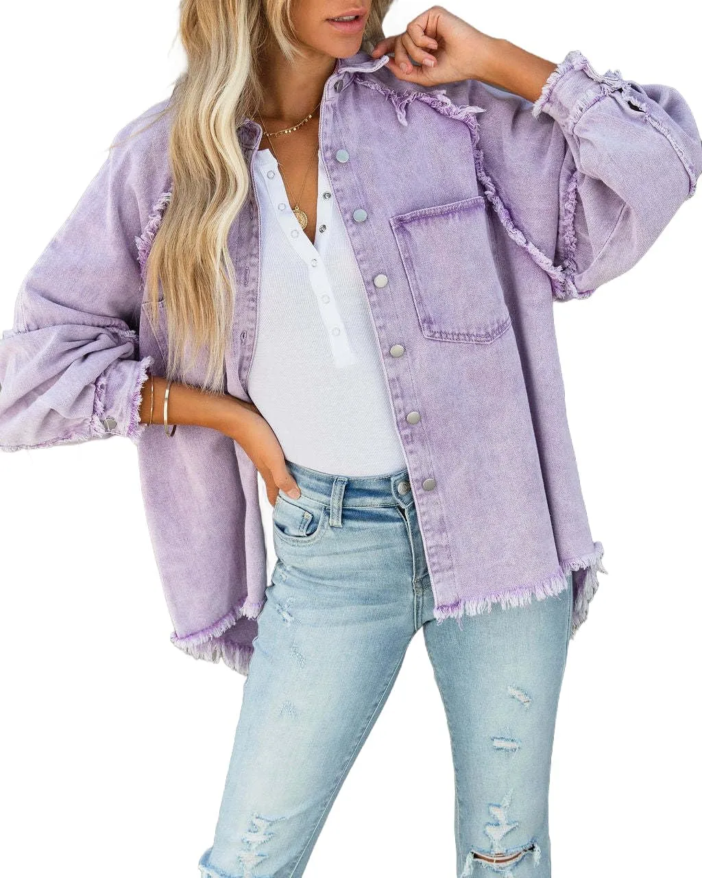 Women Long Sleeve Denim Jacket Oversized Lapel Button Up Shacket Casual Boyfriend Western Trucker Jean Jackets