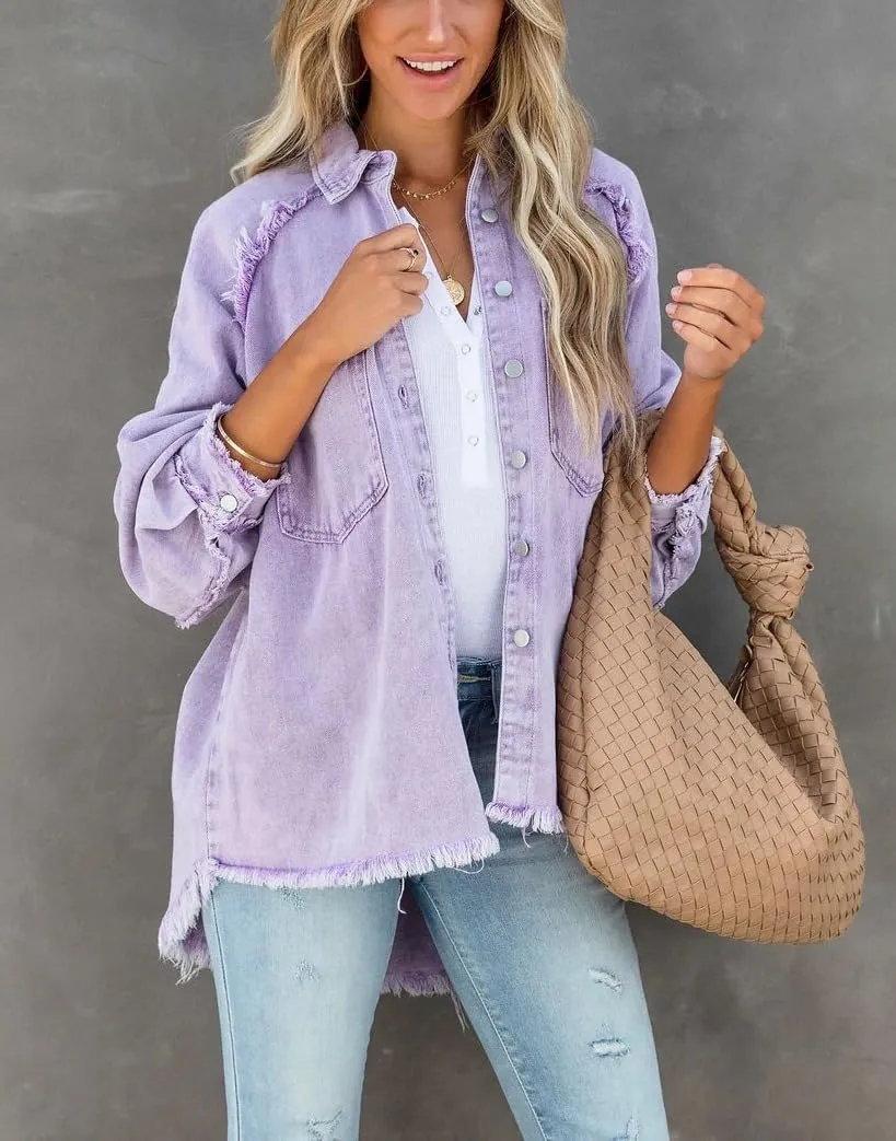 Women Long Sleeve Denim Jacket Oversized Lapel Button Up Shacket Casual Boyfriend Western Trucker Jean Jackets