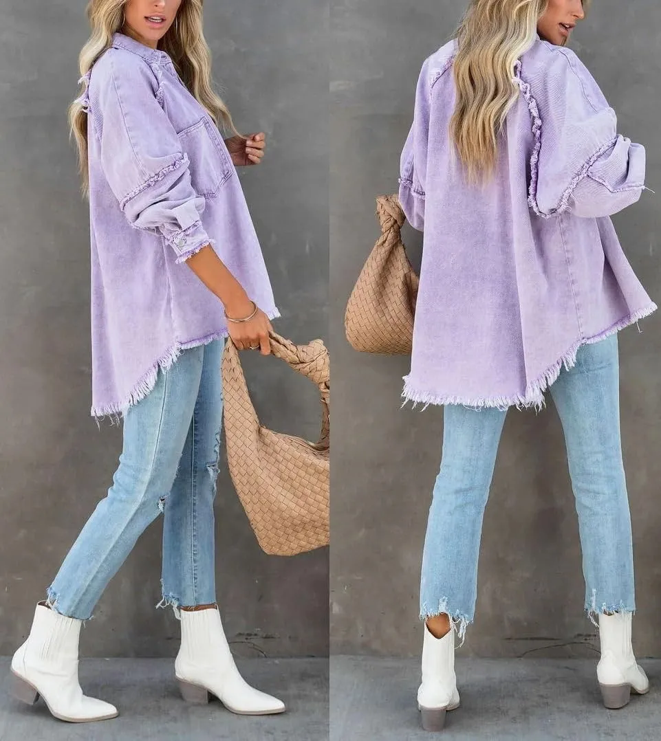 Women Long Sleeve Denim Jacket Oversized Lapel Button Up Shacket Casual Boyfriend Western Trucker Jean Jackets