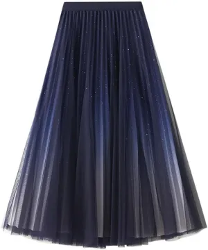 Women Loose Sequined Gradient Tulle Midi Long Skirt Pleated A Line High Waist Skirts