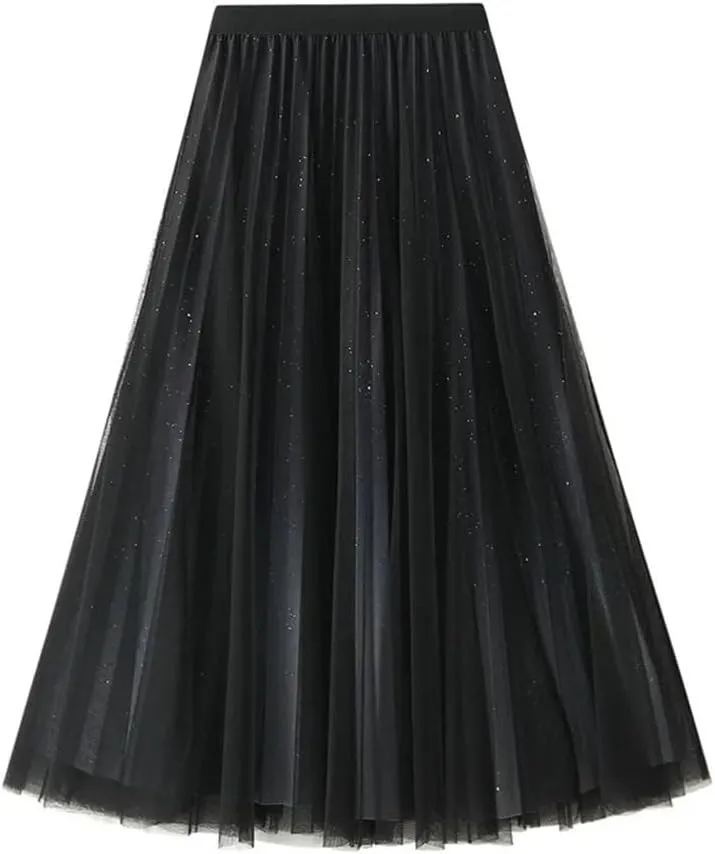Women Loose Sequined Gradient Tulle Midi Long Skirt Pleated A Line High Waist Skirts