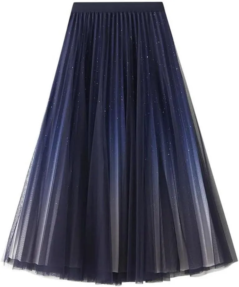 Women Loose Sequined Gradient Tulle Midi Long Skirt Pleated A Line High Waist Skirts