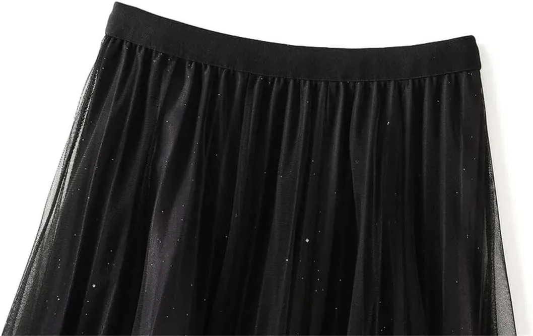 Women Loose Sequined Gradient Tulle Midi Long Skirt Pleated A Line High Waist Skirts