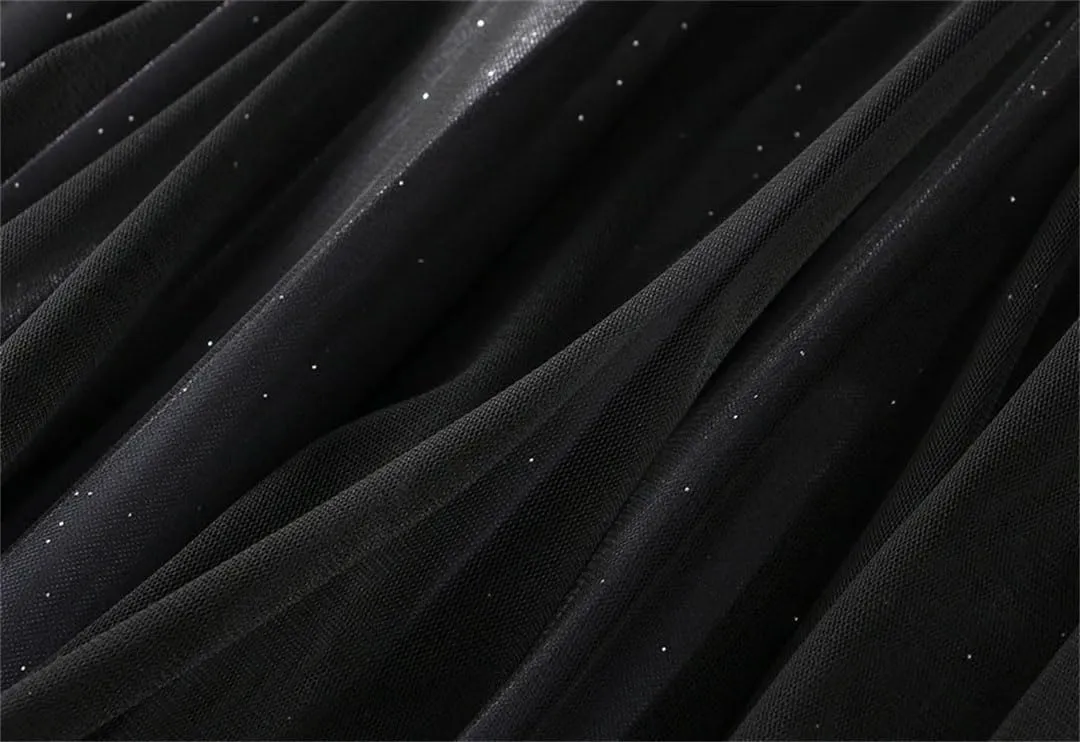 Women Loose Sequined Gradient Tulle Midi Long Skirt Pleated A Line High Waist Skirts