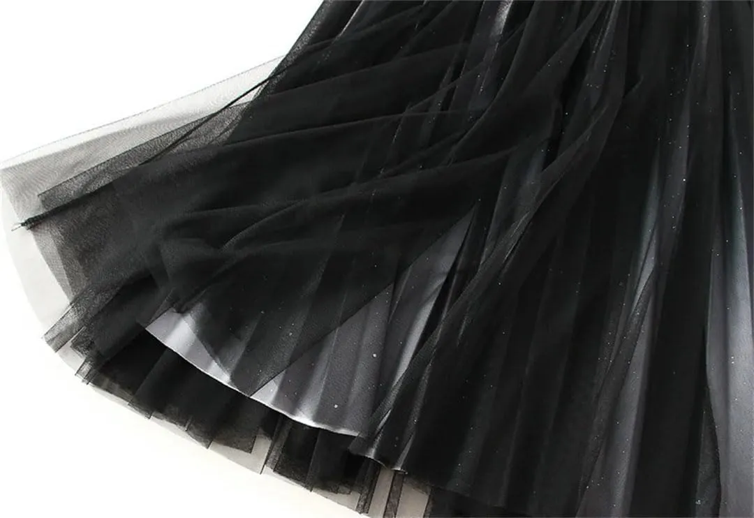 Women Loose Sequined Gradient Tulle Midi Long Skirt Pleated A Line High Waist Skirts
