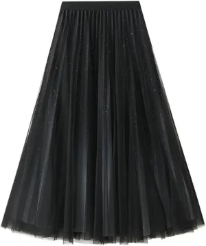 Women Loose Sequined Gradient Tulle Midi Long Skirt Pleated A Line High Waist Skirts