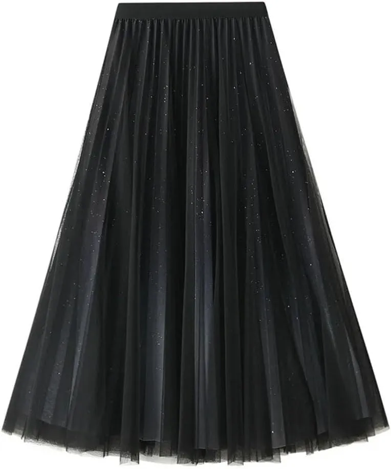 Women Loose Sequined Gradient Tulle Midi Long Skirt Pleated A Line High Waist Skirts