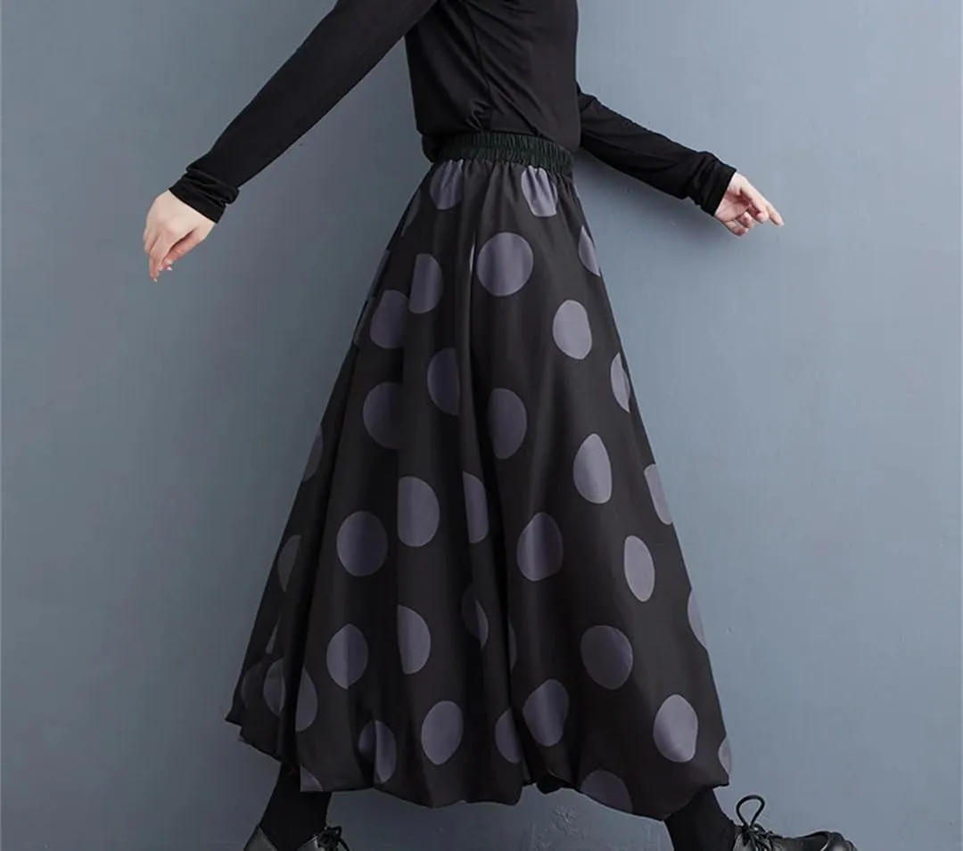 Women Oversized Midi Skirt Polka Dot Print Pleated Skirts High Waist Loose Casual Skirt