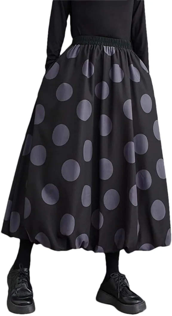 Women Oversized Midi Skirt Polka Dot Print Pleated Skirts High Waist Loose Casual Skirt