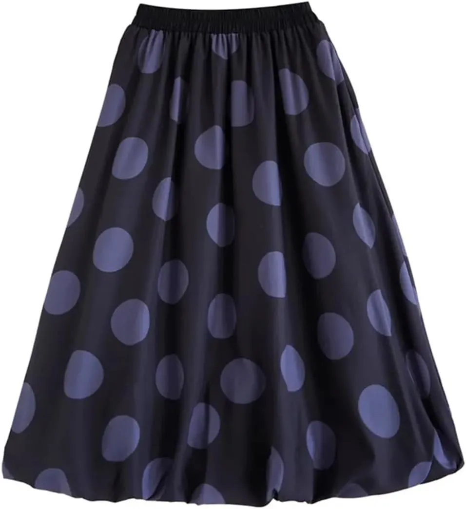 Women Oversized Midi Skirt Polka Dot Print Pleated Skirts High Waist Loose Casual Skirt