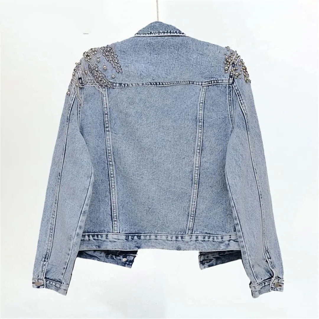 Women Pearl Beading Floral Embroidery Short Denim Jackets 90'S Wash Cropped Jeans Coats