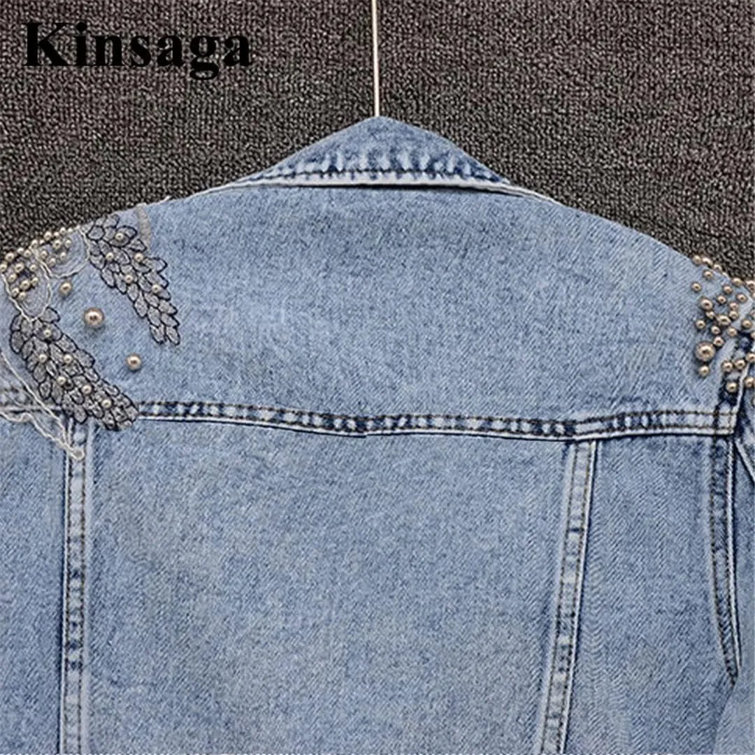 Women Pearl Beading Floral Embroidery Short Denim Jackets 90'S Wash Cropped Jeans Coats