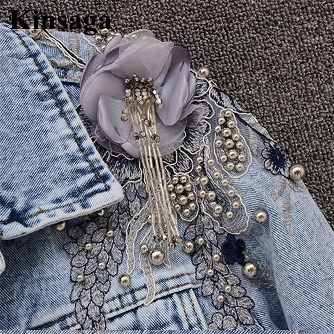 Women Pearl Beading Floral Embroidery Short Denim Jackets 90'S Wash Cropped Jeans Coats