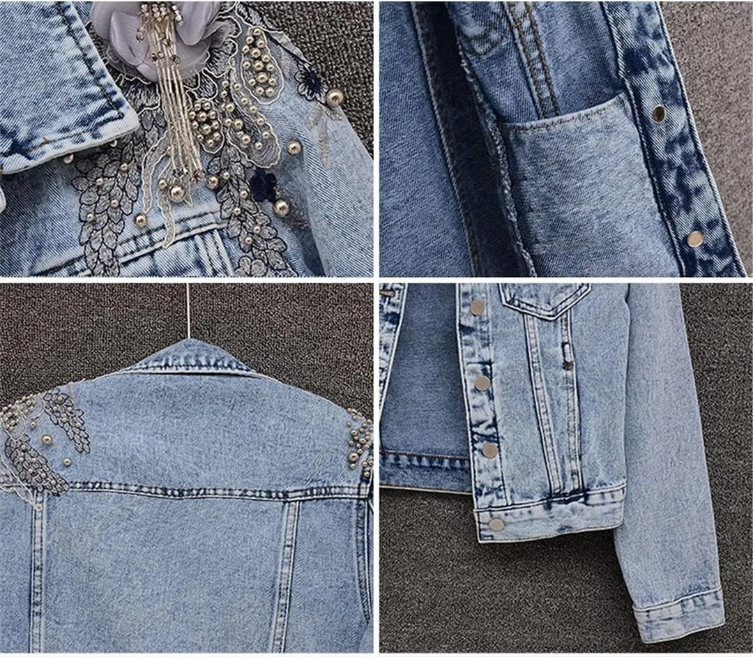 Women Pearl Beading Floral Embroidery Short Denim Jackets 90'S Wash Cropped Jeans Coats