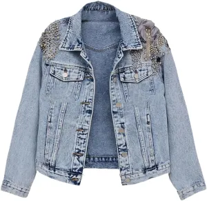Women Pearl Beading Floral Embroidery Short Denim Jackets 90'S Wash Cropped Jeans Coats