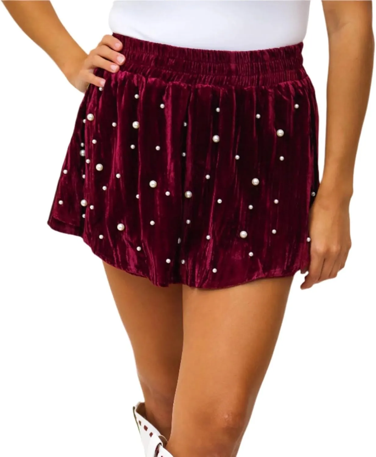 Women Pearl Studded Skort Elastic High Waist Velvet Short Skirt Flowy Beaded Shorts Christmas Party Bottoms