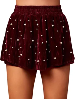 Women Pearl Studded Skort Elastic High Waist Velvet Short Skirt Flowy Beaded Shorts Christmas Party Bottoms