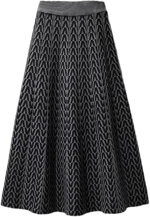 Women Plaid Printed Knitted Pleated Skirt Vintage Stretch High Waiste Midi Long Skirts