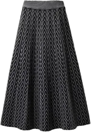Women Plaid Printed Knitted Pleated Skirt Vintage Stretch High Waiste Midi Long Skirts