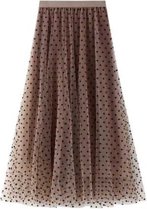 Women Polka Dot Tulle Skirt Casual Elastic High Waist A-Line Mesh Midi Skirts