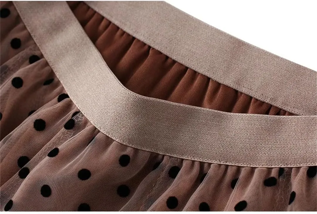 Women Polka Dot Tulle Skirt Casual Elastic High Waist A-Line Mesh Midi Skirts