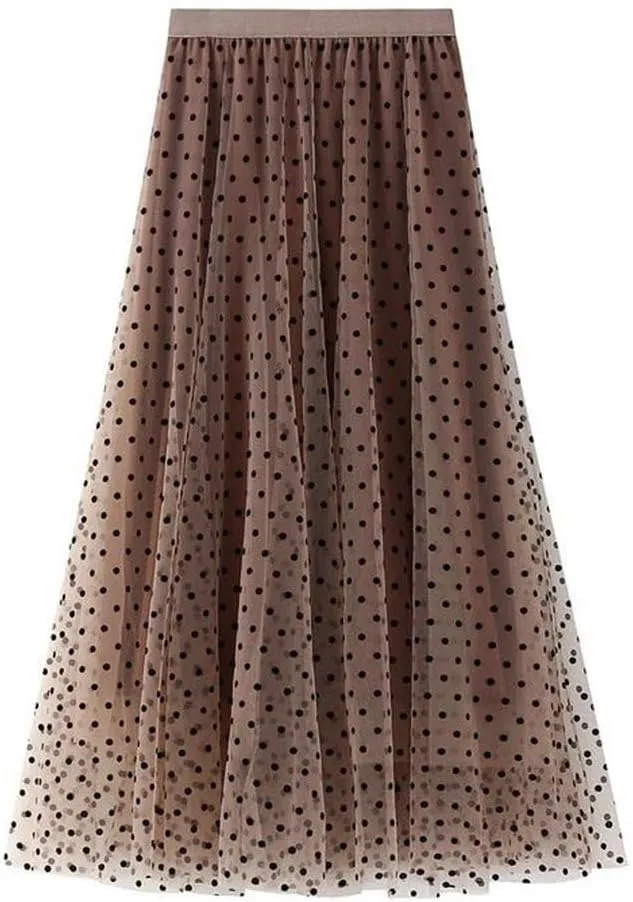Women Polka Dot Tulle Skirt Casual Elastic High Waist A-Line Mesh Midi Skirts