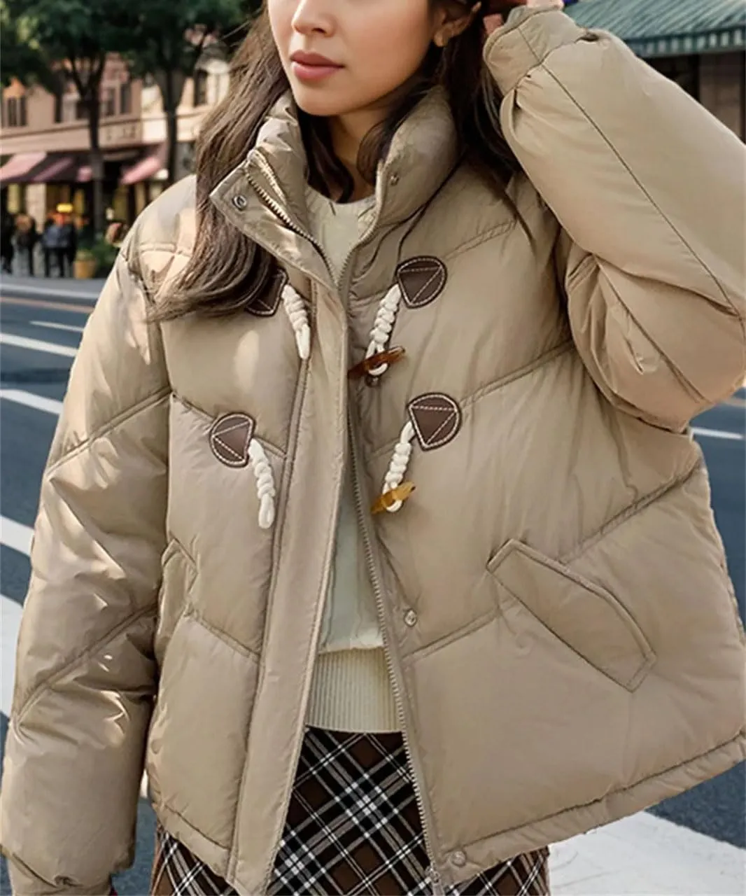 Women 'S Patchwork Button Short Parka Coat Vintage High Collar Pockets Cotton-Padded Jacket
