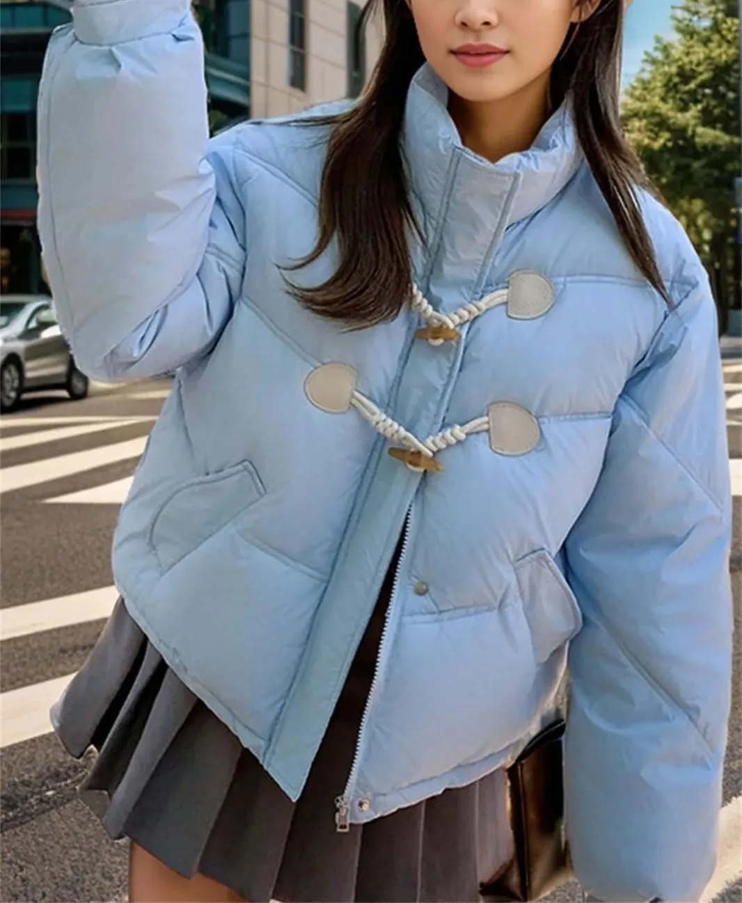 Women 'S Patchwork Button Short Parka Coat Vintage High Collar Pockets Cotton-Padded Jacket