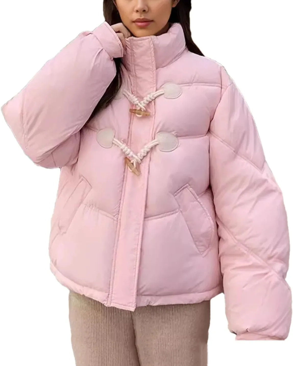 Women 'S Patchwork Button Short Parka Coat Vintage High Collar Pockets Cotton-Padded Jacket