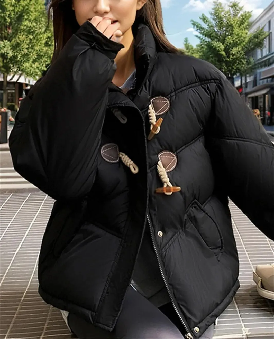 Women 'S Patchwork Button Short Parka Coat Vintage High Collar Pockets Cotton-Padded Jacket