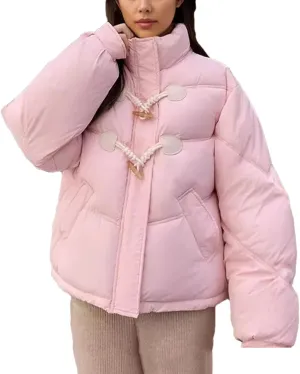Women 'S Patchwork Button Short Parka Coat Vintage High Collar Pockets Cotton-Padded Jacket