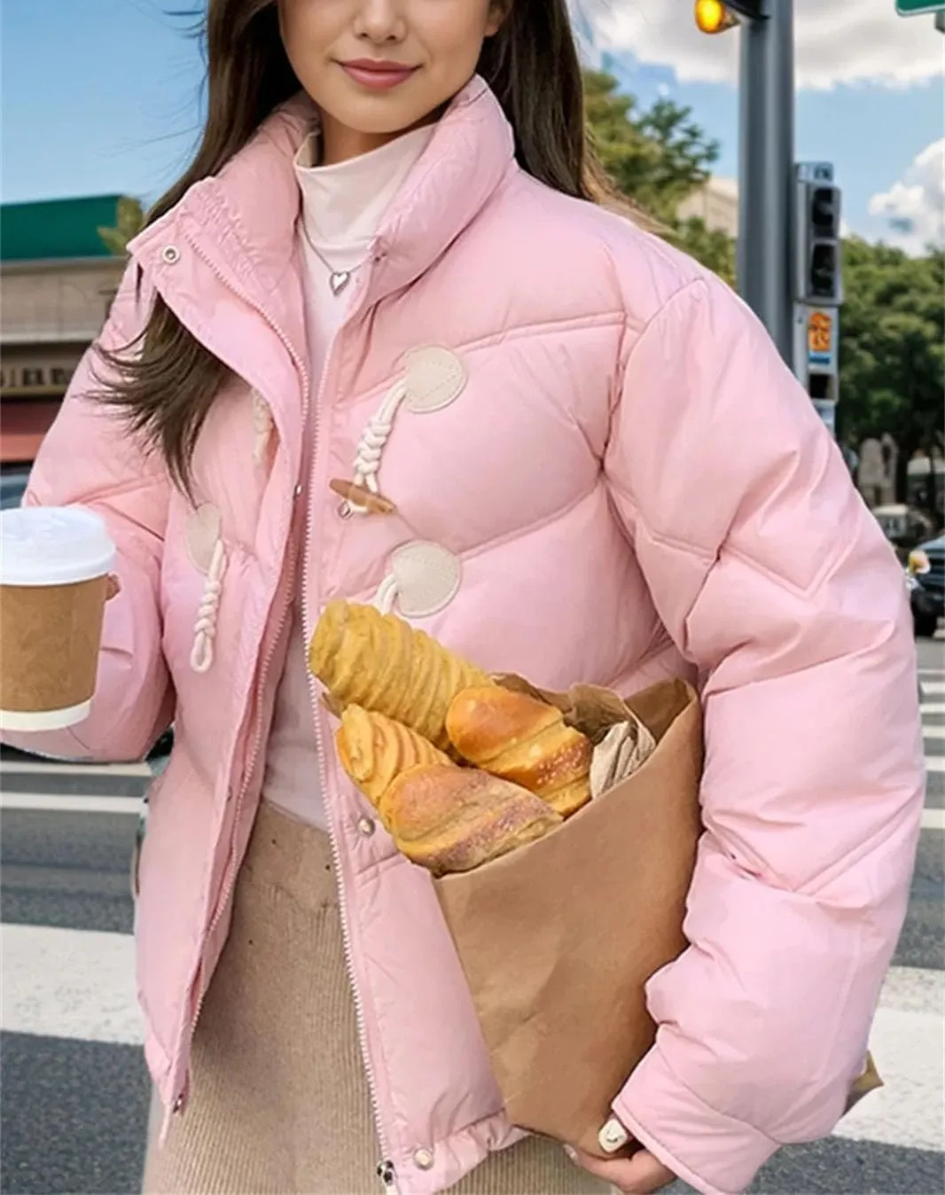 Women 'S Patchwork Button Short Parka Coat Vintage High Collar Pockets Cotton-Padded Jacket