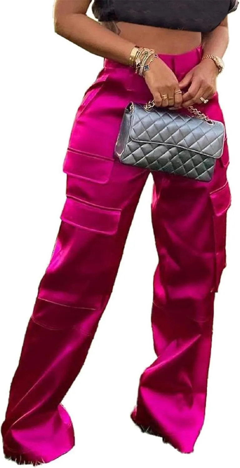 Women Satin Cargo Pants High Waisted Straight Wide Leg Casual Pants Multi Pockets Club Y2k Trousers