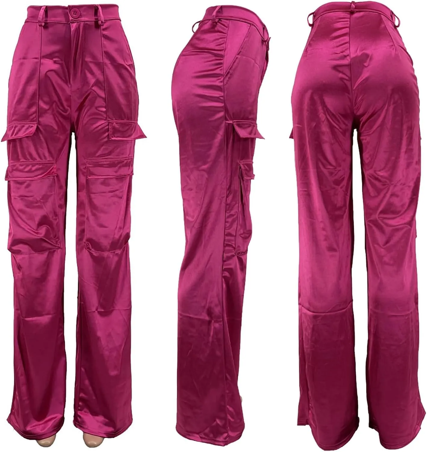 Women Satin Cargo Pants High Waisted Straight Wide Leg Casual Pants Multi Pockets Club Y2k Trousers