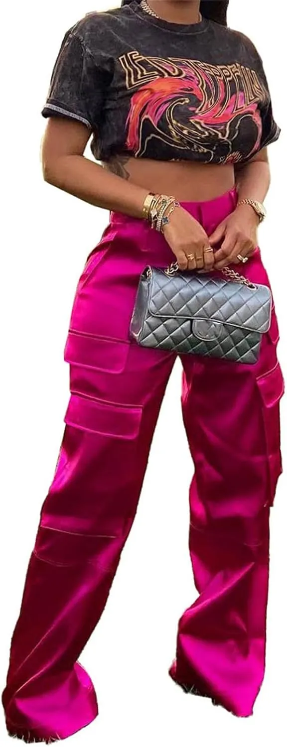 Women Satin Cargo Pants High Waisted Straight Wide Leg Casual Pants Multi Pockets Club Y2k Trousers