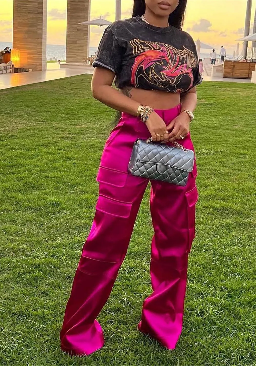 Women Satin Cargo Pants High Waisted Straight Wide Leg Casual Pants Multi Pockets Club Y2k Trousers