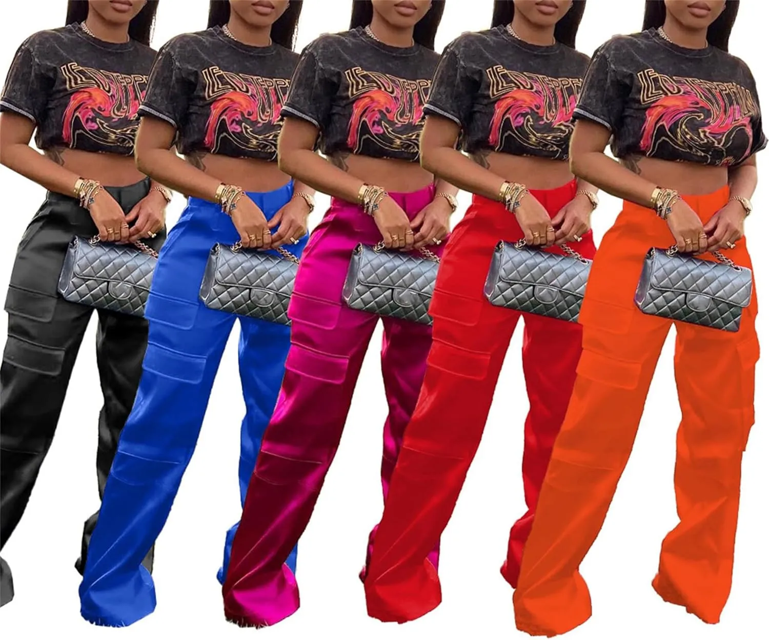 Women Satin Cargo Pants High Waisted Straight Wide Leg Casual Pants Multi Pockets Club Y2k Trousers