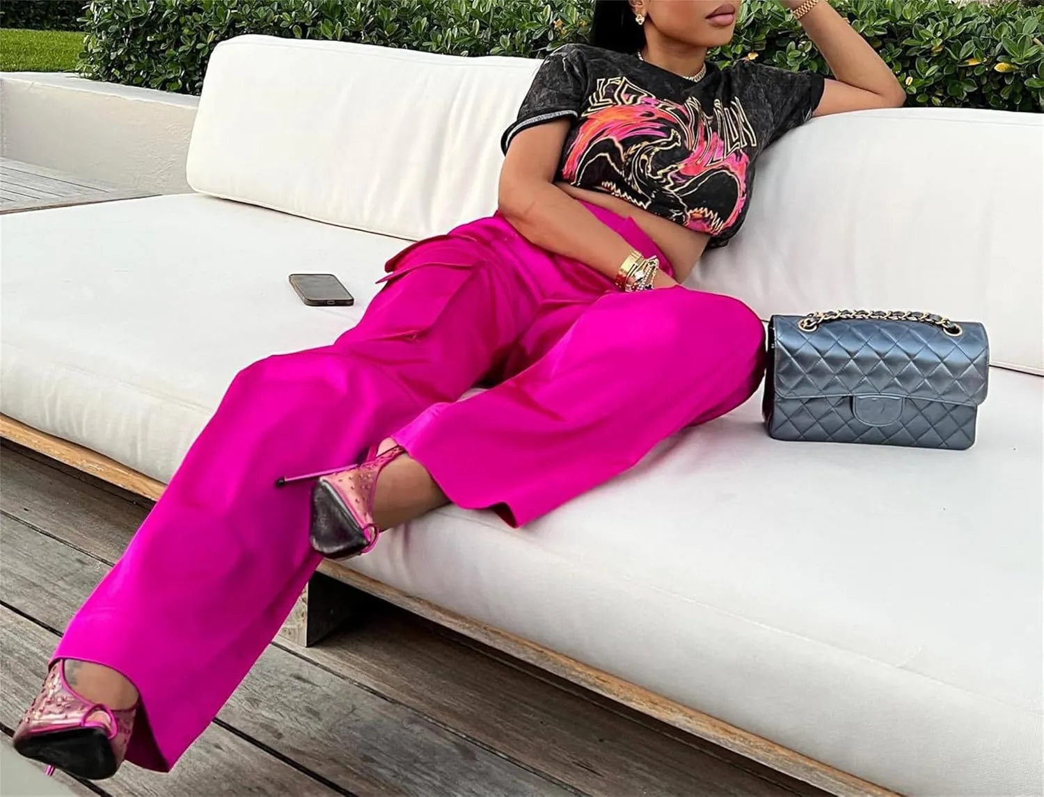 Women Satin Cargo Pants High Waisted Straight Wide Leg Casual Pants Multi Pockets Club Y2k Trousers