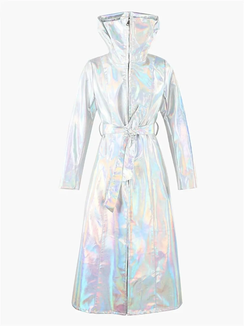 Women Shiny Reflective Leather Extra Long Trenchcoat Silver Holographic PU Leather Hooded Rain Coat