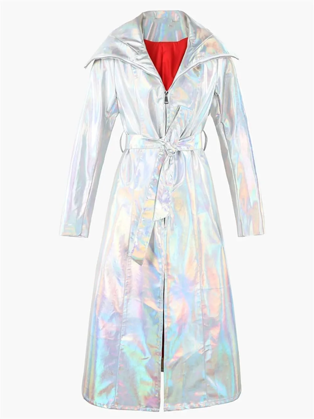 Women Shiny Reflective Leather Extra Long Trenchcoat Silver Holographic PU Leather Hooded Rain Coat