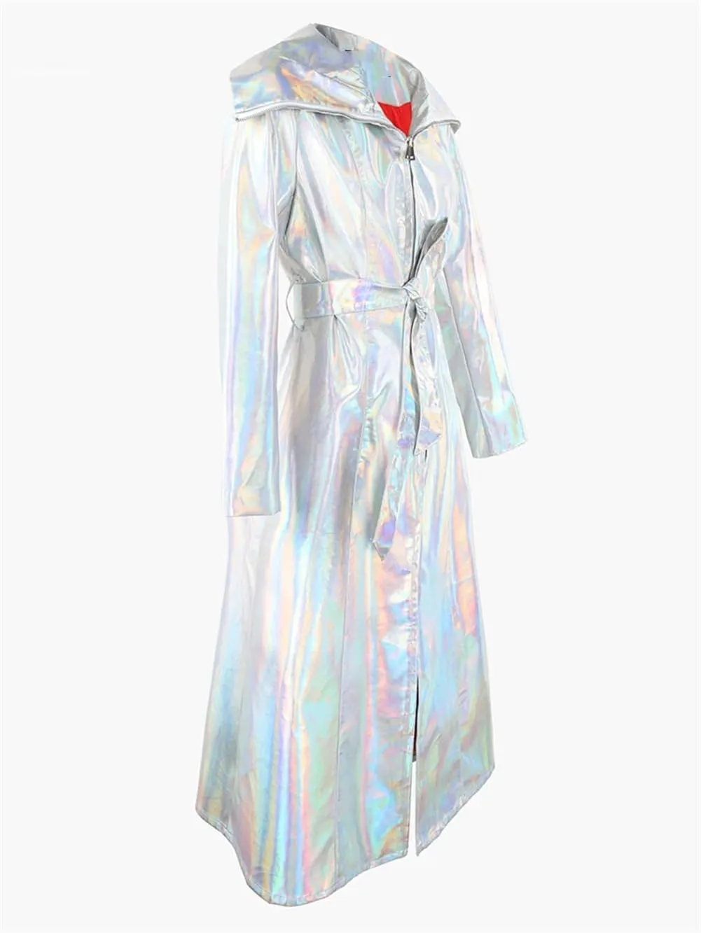 Women Shiny Reflective Leather Extra Long Trenchcoat Silver Holographic PU Leather Hooded Rain Coat