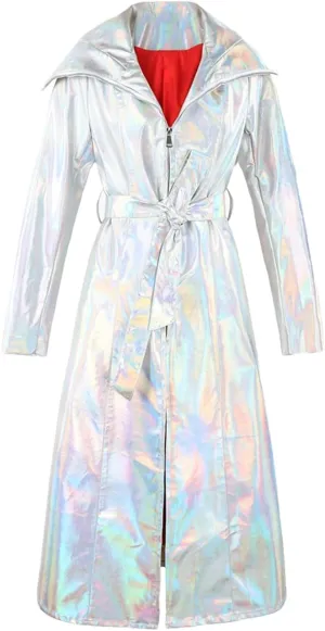 Women Shiny Reflective Leather Extra Long Trenchcoat Silver Holographic PU Leather Hooded Rain Coat