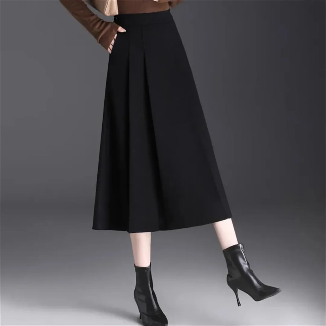 Women Split Joint Pleated Skirt Slim Solid A-Line Midi