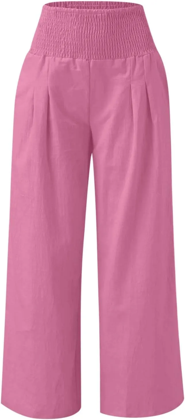 Women Summer High Waisted Linen Pants Casual High Waist Wide Leg Trousers with Pockets Loose Fit Flowy Paperbag Pants
