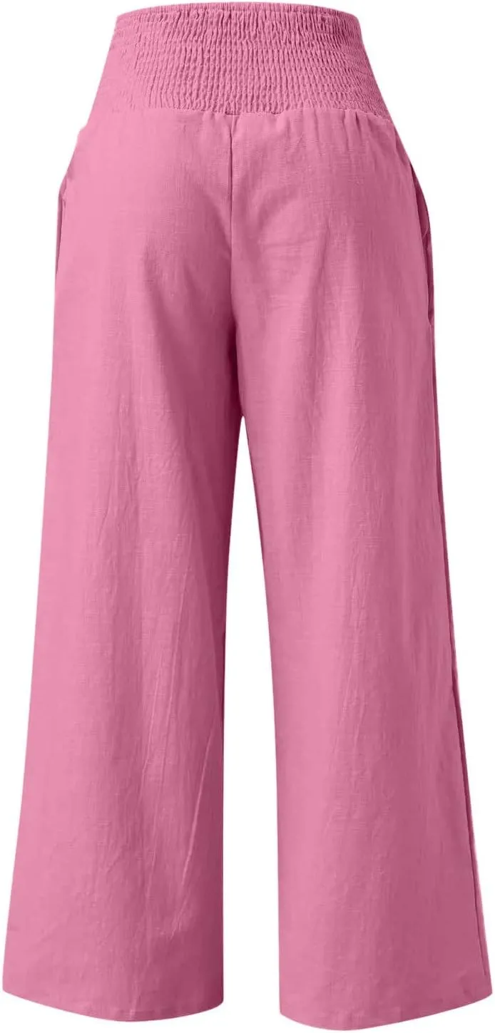 Women Summer High Waisted Linen Pants Casual High Waist Wide Leg Trousers with Pockets Loose Fit Flowy Paperbag Pants