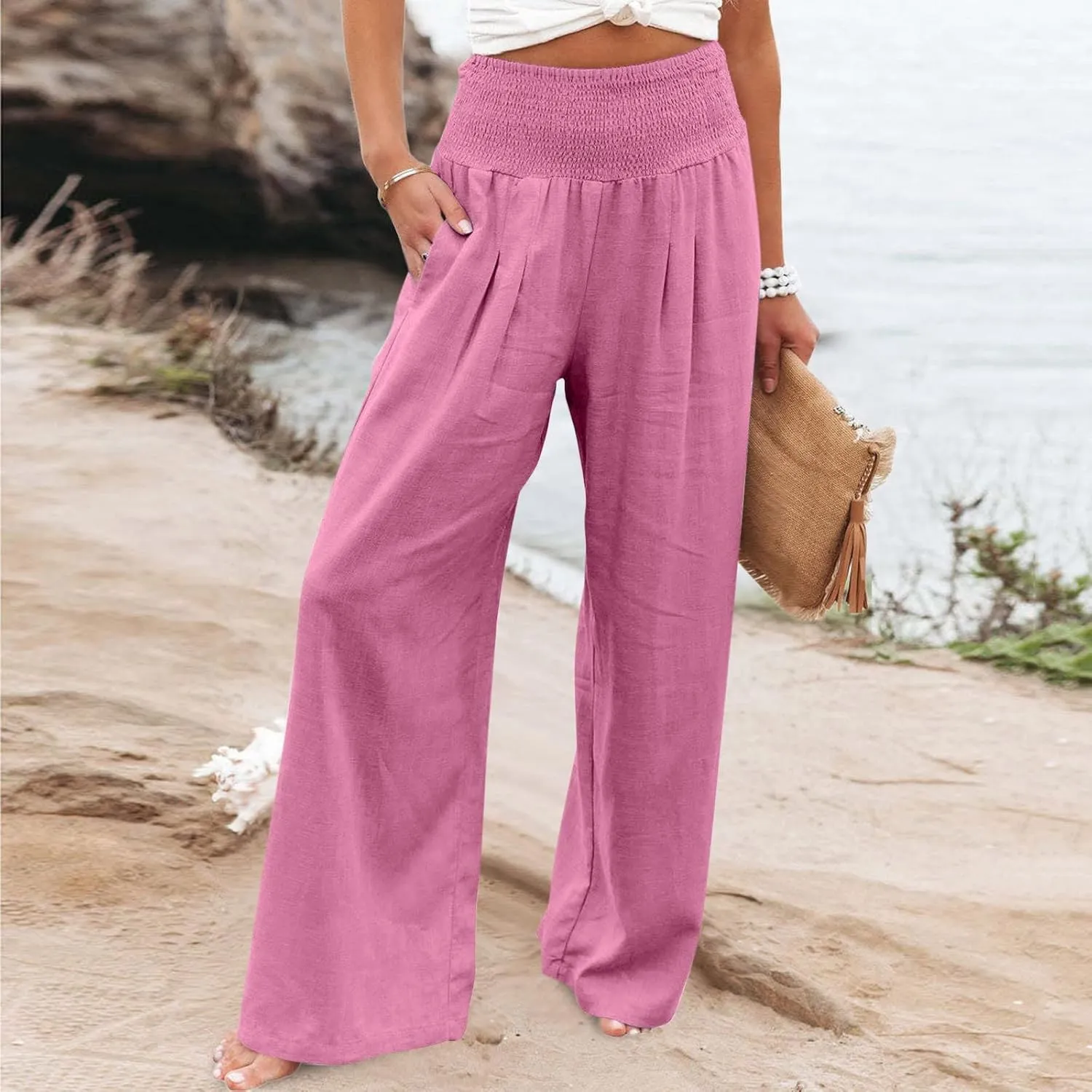 Women Summer High Waisted Linen Pants Casual High Waist Wide Leg Trousers with Pockets Loose Fit Flowy Paperbag Pants