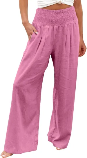 Women Summer High Waisted Linen Pants Casual High Waist Wide Leg Trousers with Pockets Loose Fit Flowy Paperbag Pants