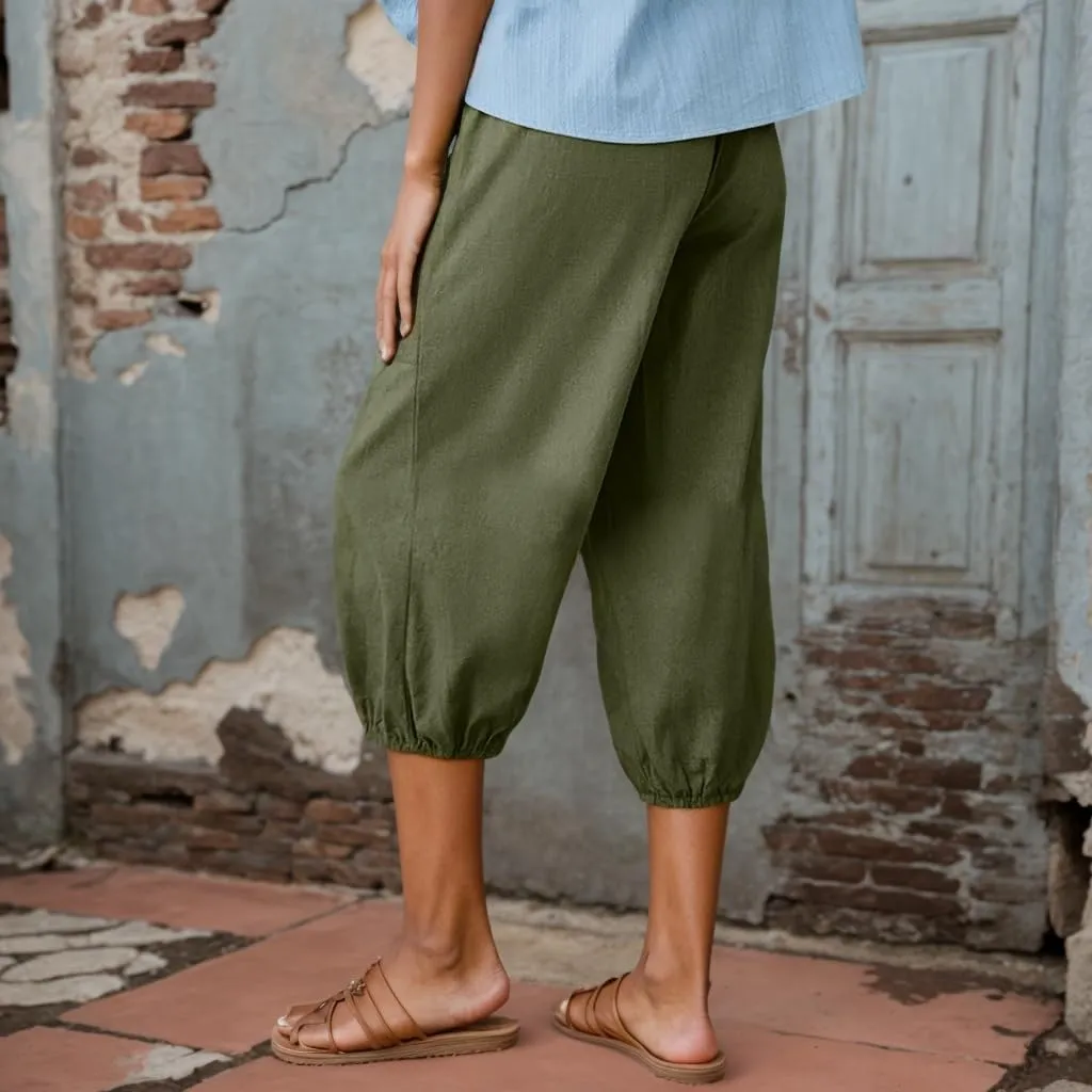 Women Summer Linen Capri Pant High Waist Drawstring Baggy Pant Casual Loose Beach Wide Leg Cropped Trouser with Pocket