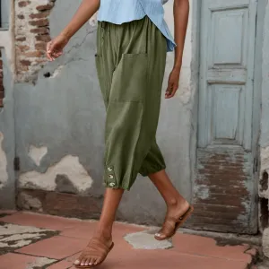 Women Summer Linen Capri Pant High Waist Drawstring Baggy Pant Casual Loose Beach Wide Leg Cropped Trouser with Pocket